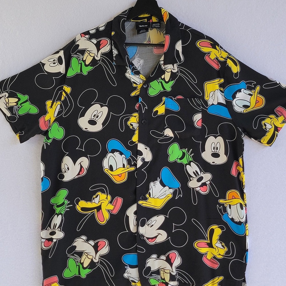 Disney Mickey Donald Goofy‎ Pluto Rayon Button Up Shirt Mens XL All Over Print